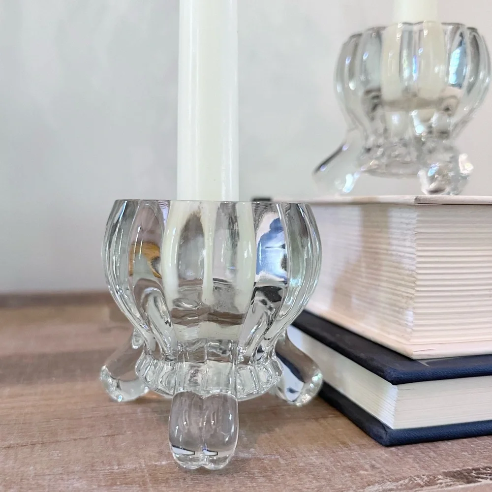 Lot Of 2 Vintage Clear Glass Footed Pillar Tea Light Candle / Air Plant Holders